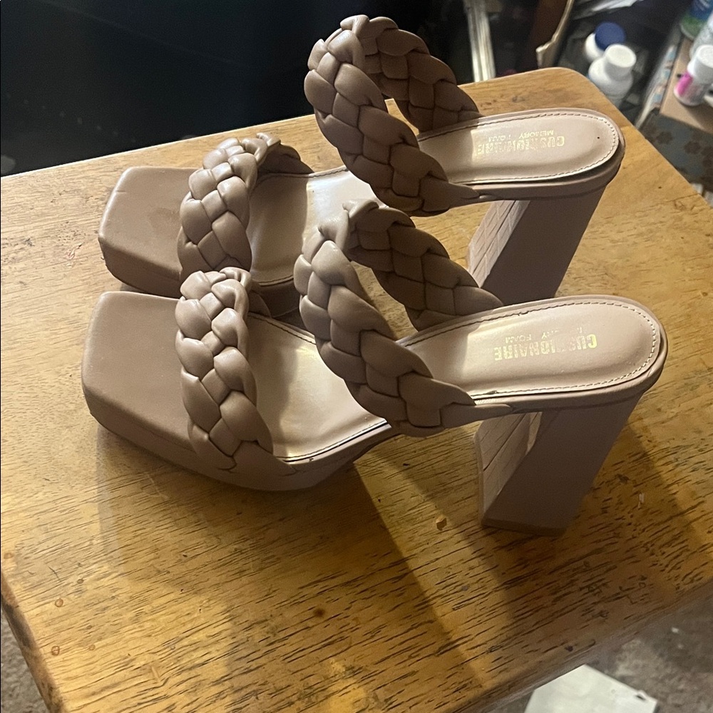 Braided Block Heel Sandals - Tan